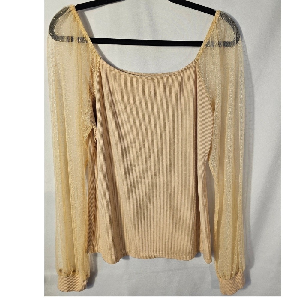 Dorose Beige Ribbed Knit Square Neck Top‎ with Sheer Swiss Dot Mesh Sleeves XL